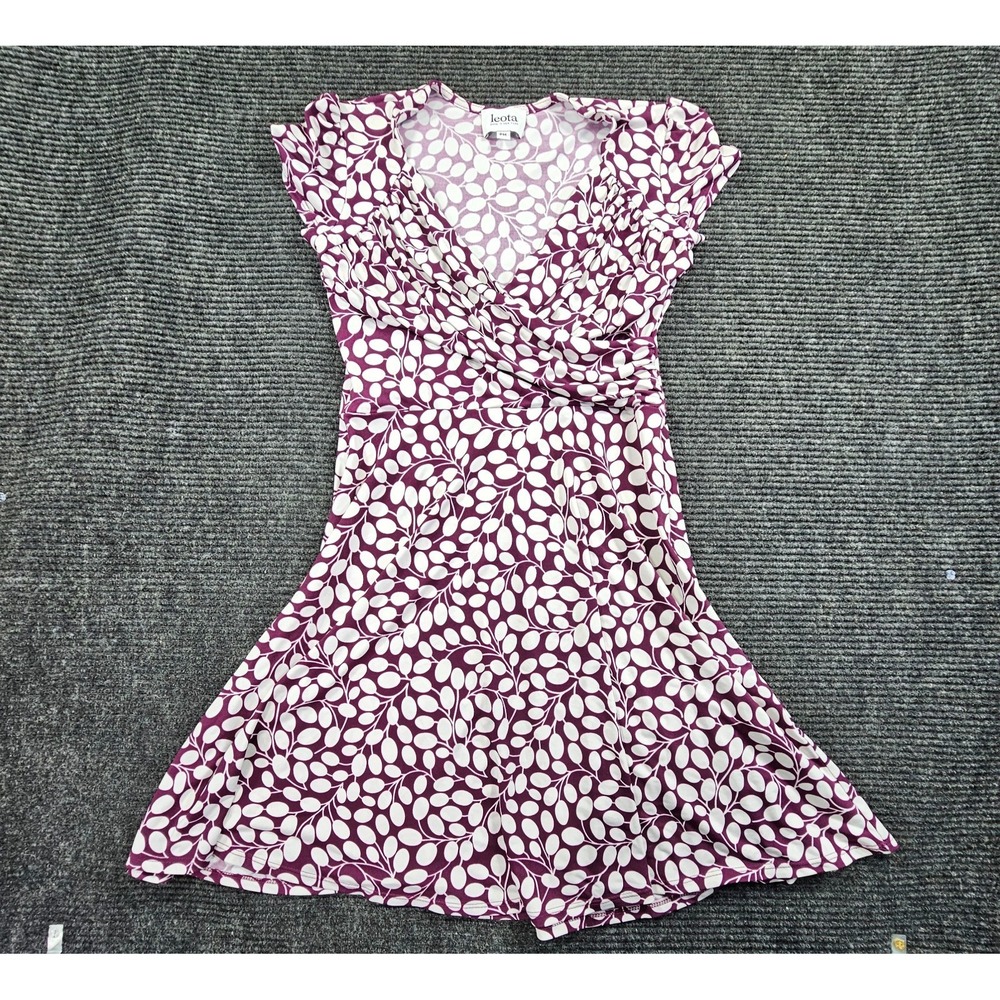 Leota A-Line Dress Womens Medium Petite Purple White Leaf Print Cottagecore USA